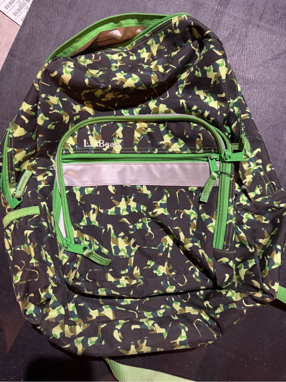 L.L. Bean Black and Green Camo Kids Backpack with Lime Trim